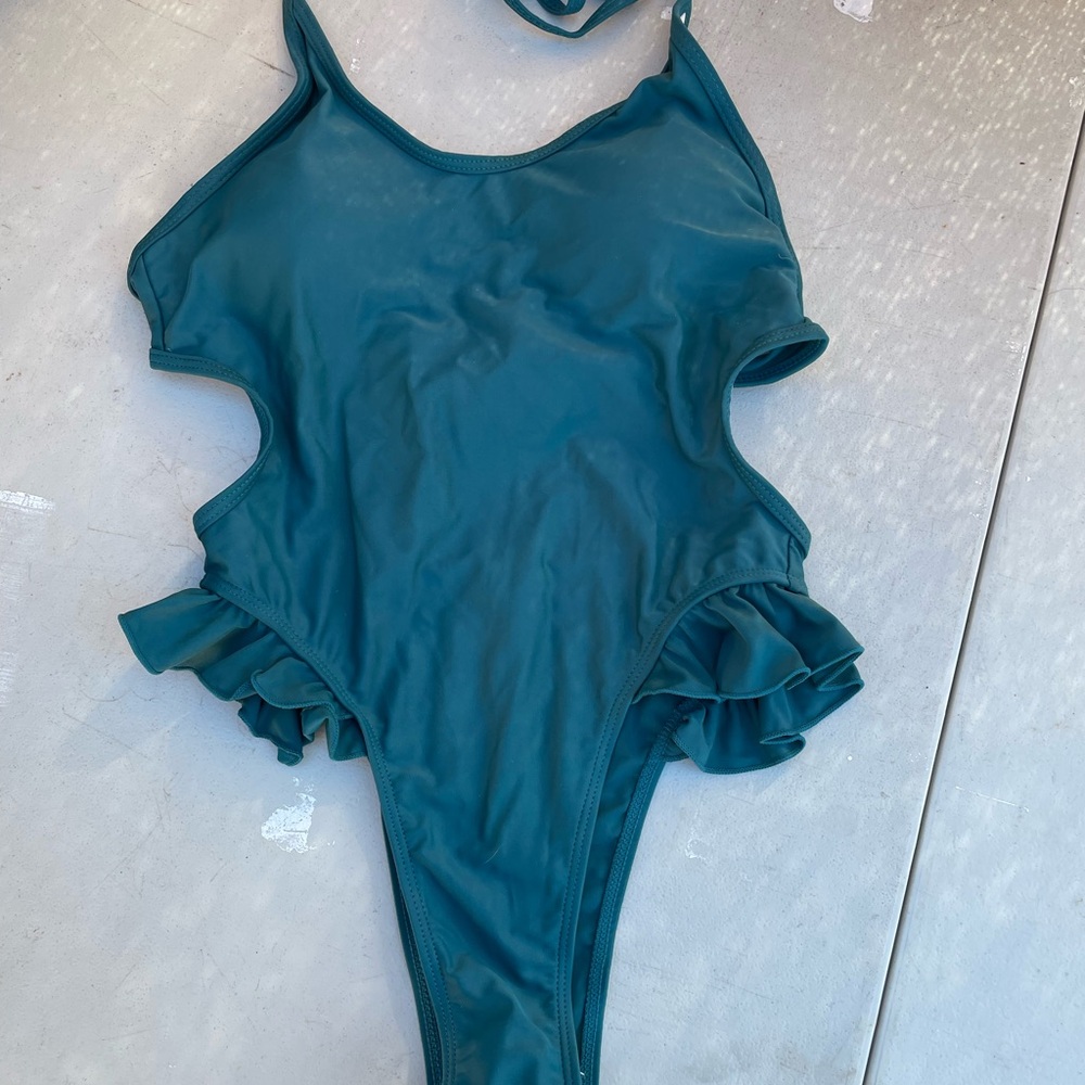 Blue/Green One Piece Swimsuit with Ruffle Details